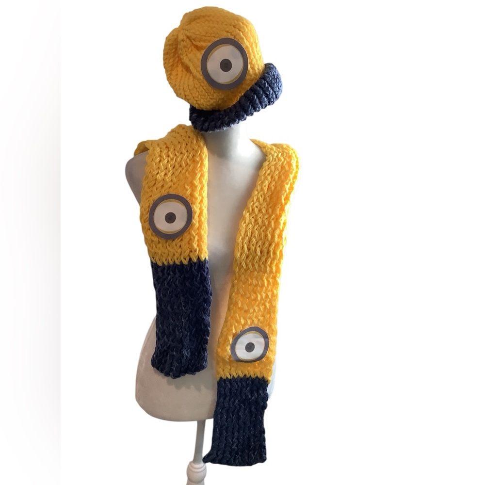 Kids Minions Playful Yellow and Blue Knit Hat and Scarf Set Great Gift Unisex